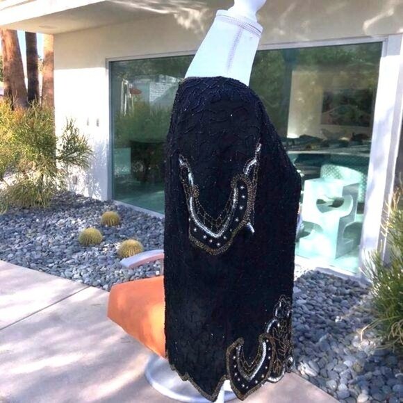 Laurence Kazar Silk Blouse Size PP Vintage Black Gold Beaded Lined Shoulder Pads - Picture 6 of 12